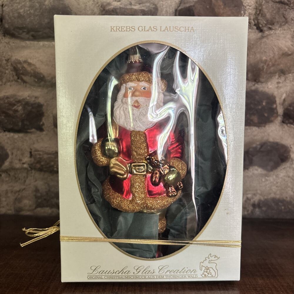 Vintage Krebs Lauscha Germany Glass Glitter Santa Christmas Ornament 8" Rare Box